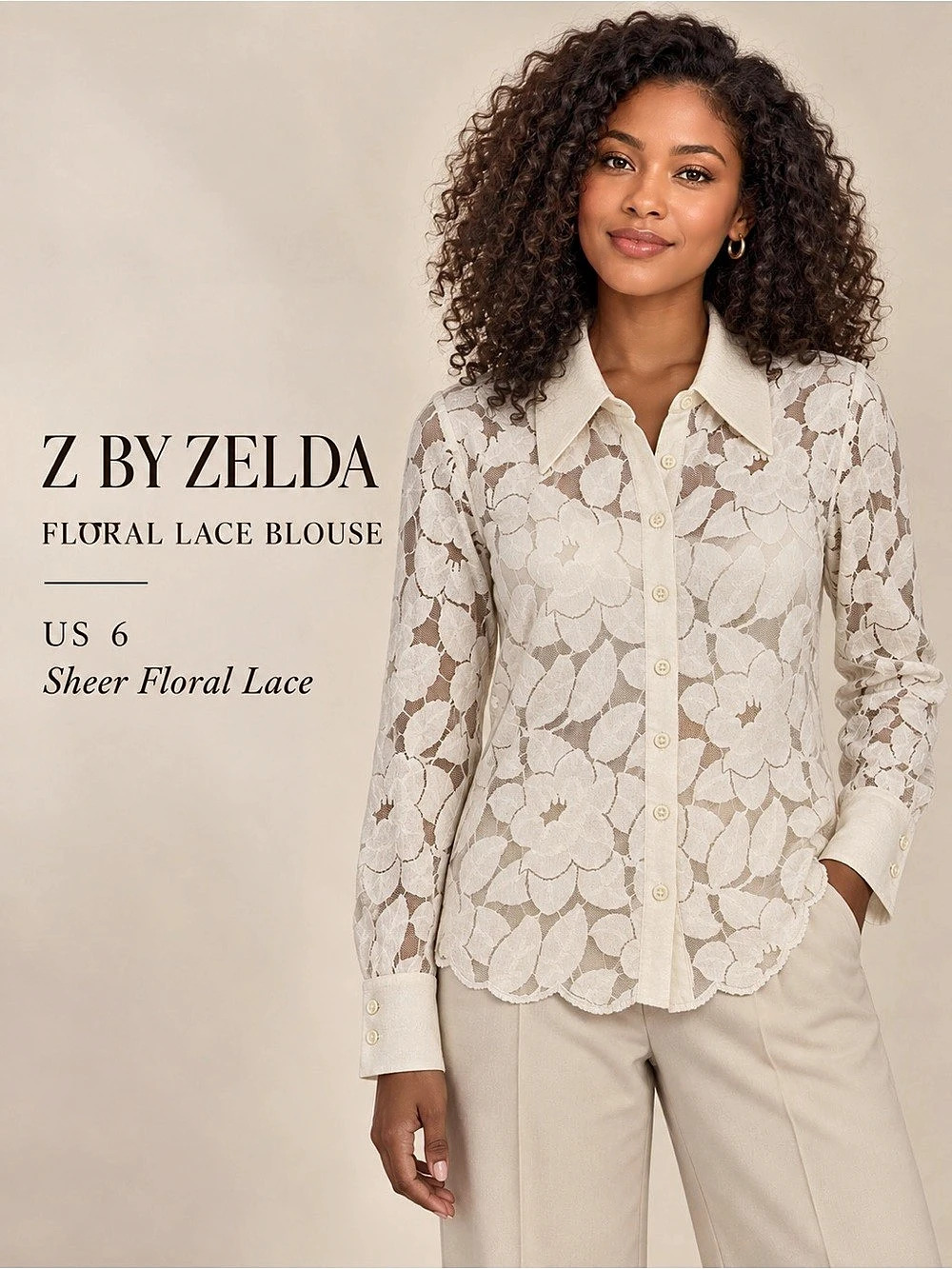 Title: Z by Zelda Ivory Floral Lace Button-Down Blouse Size 6
